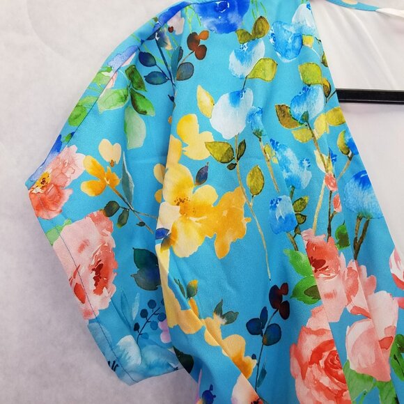 Eshakti Wrap Dress Midi S Dolman Sleeve Blue Floral Print Crepe Lined Tie Waist - Picture 7 of 16